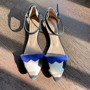 HOSS designer Pointy Toe blue white calf hide black suede flats
